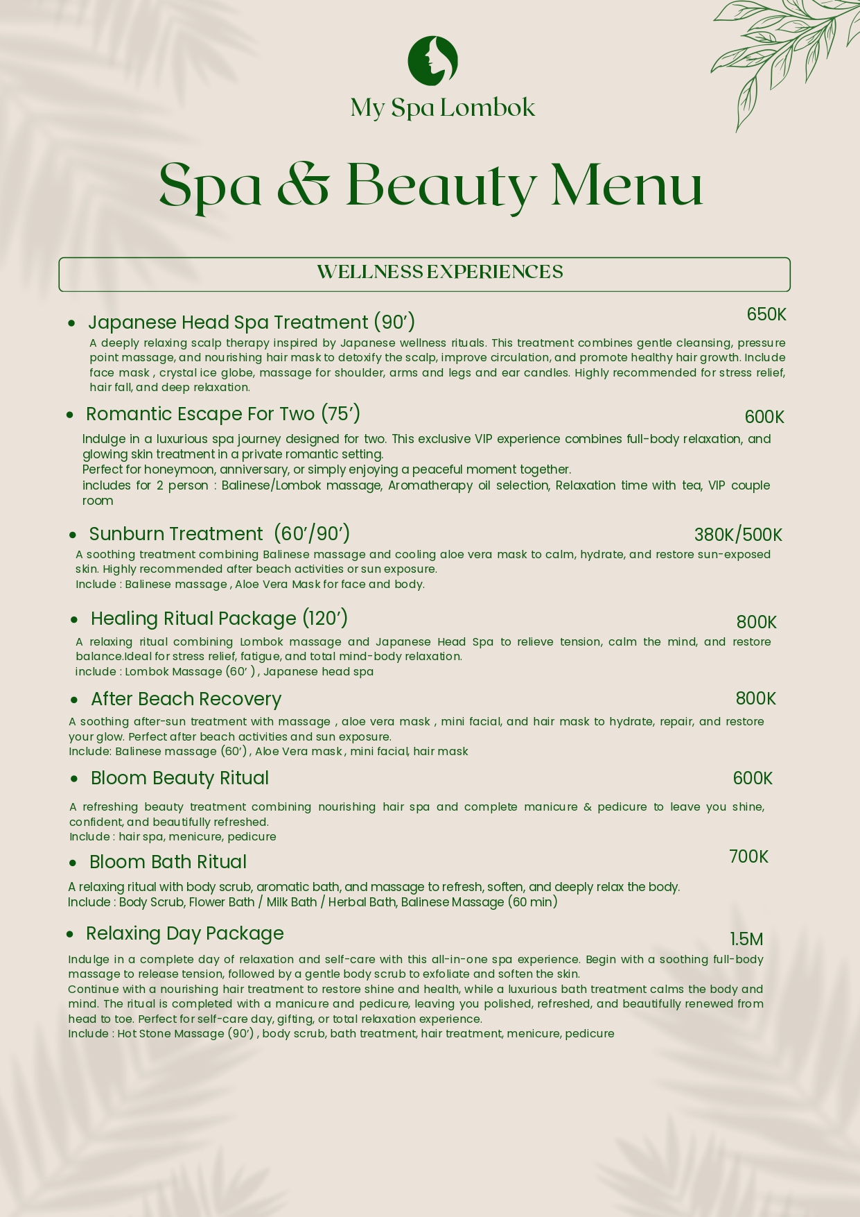 MY SPA LOMBOK service menu featuring massage, facial, body scrub, and beauty treatments with prices in Kuta Mandalika