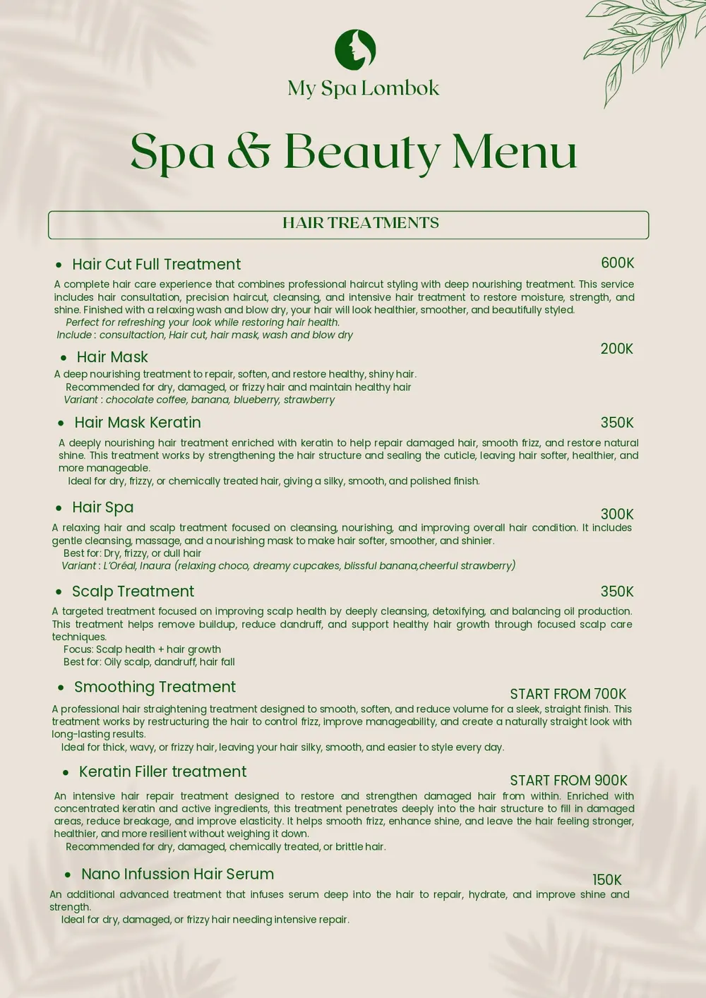 Special spa package deals and couple treatment menu at MY SPA LOMBOK Kuta Mandalika